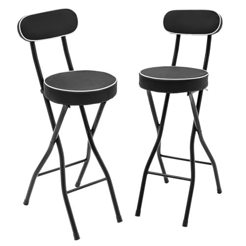 Brride Barhocker klappbar, 2er Set, Klappbarer Küchen Barhocker mit Rückenlehne, Runder Gepolsterter Frühstücksstuhl, 65cm Hochstuhl für Counter Tresen Zuhause Büro (Schwarz)