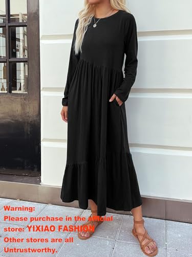 Image of Mieazom Women's Long Sleeves Maxi Dress Casual Loose Tiered Flowy Swing Beach Long Dresses with Pockets