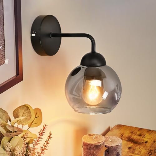 Kowanie Applique intérieur applique murale vintage E27 : éclairage mural rétro chambre en verre noir lampe de couloir applique murale au design industriel boule restaurant - Sans ampoule