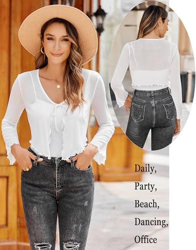 Image of Avidlove Womens Sheer Shrug Tie Front Long Bell Sleeve Mesh Bolero Lightweight Summer Casual Short Shawl Top