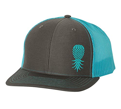 Trenz Shirt Company Men's Upside Down Pineapple Embroidered Mesh Back Trucker Hat Baseball Cap, Charcoal/Neon Blue #TOP25