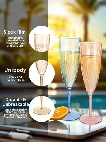 WDF 12PCS Colorful Plastic Champagne Flutes - 6 OZ Colorful Disposable Champagne Flutes - Perfect for Wedding/Parties/Birthday