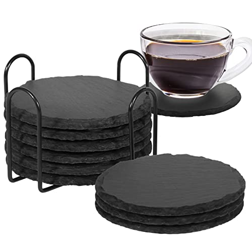 DIY Schiefer Untersetzer 10 Stück, schwarze Steinuntersetzer für Getränke, 10.2 cm modernes Untersetzer-Set mit Halter, rustikaler Untersetzer für Zuhause, Schlafzimmer Dekor Cover