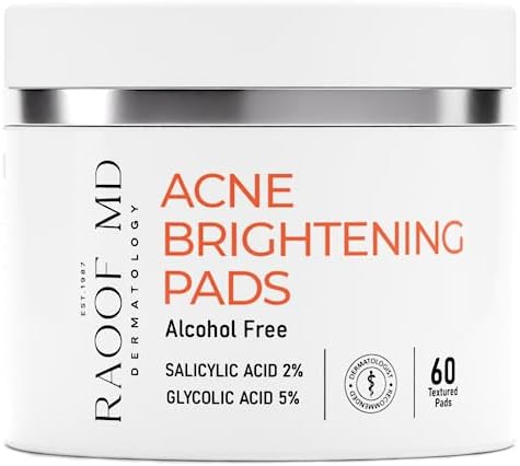 RAOOF MD Acne Brightening Pads - Acne Pads with 5% Glycolic Acid Pads + 2% Salicylic Acid Pads & Alcohol-Free. Acne Wipes for Face and Body. Exfoliating Face Pads. Most Effective Acne Scar Treatment.