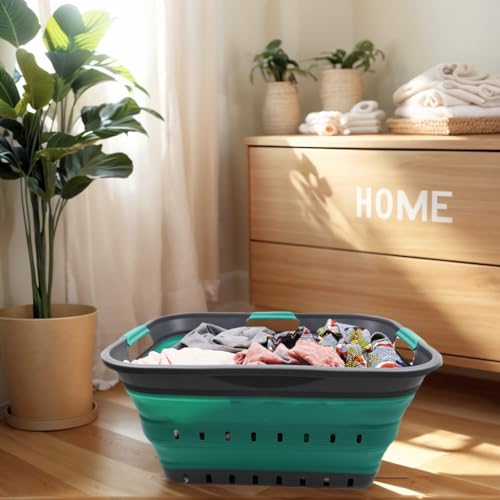 Image of SAMMART 42L (11 gallon) Collapsible Plastic Laundry Basket - Foldable Pop Up Storage Container /Organizer - Portable Basket - Space Saving Hamper /Basket (2, Grey /Turquoise Blue)