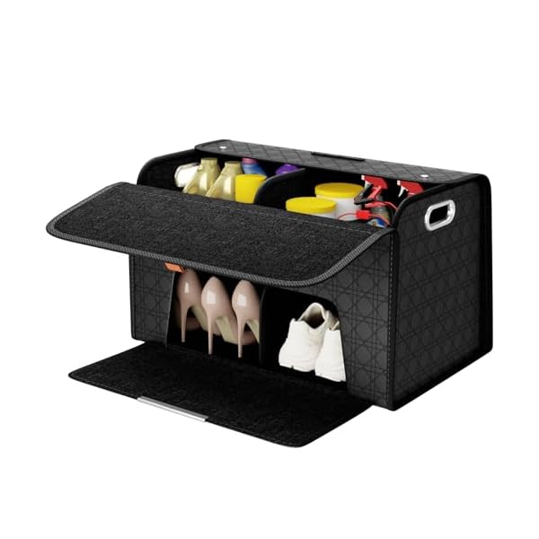 Double-layer Trunk Organizers, Double door Car Storage Solutions and High heel shoes Storage Organizers for SUVs, Sedans, Back Seats and Luxury Vehicles with Lid, Leather, Small, Large (Black, L)