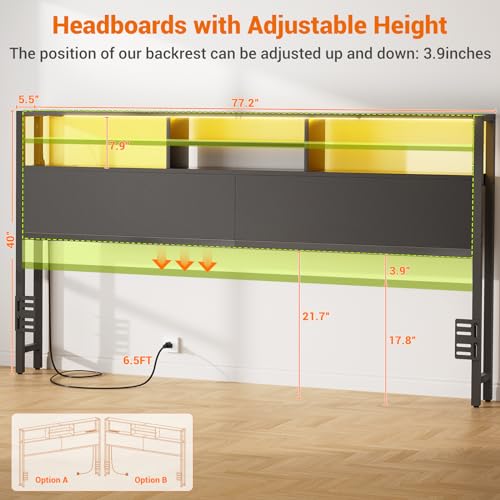 Image of Aheaplus Headboard for King Size Bed with Storage, Headboards with Outlets | King Size Head Board Only, USB Ports and LED Light, Height Adjustable, Reversible, Sturdy and Stable Headboard, Black