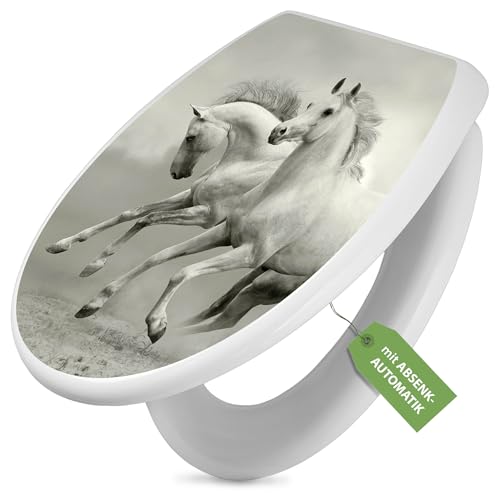banjado Toilettendeckel mit Absenkautomatik 44,5x37cm - Soft Close Toilettensitz - WC Sitz mit Absenkautomatik - Klodeckel aus Duroplast mit Edelstahl Scharnieren, einfache Montage - Motiv Wilde Pferd