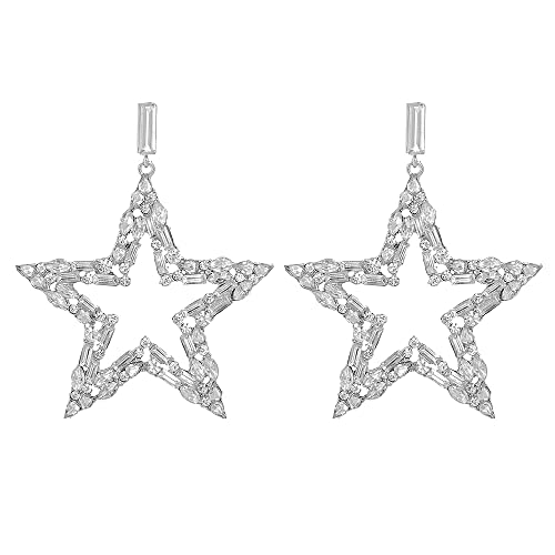 Rhinestone Big Star Sparkly CZ Statement Dangle Earrings 925 Sterling Silver Post Stud Exaggerate Crystal Stars Fashion Lightweight Trendy Dangling Hypoallergenic Festival Christmas Wedding Birthday Party Jewelry Dainty Gifts for Friends Fans