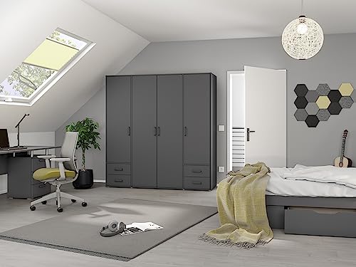 Rauch Möbel Voyager, Kleiderschrank für Schlafzimmer, Kinderzimmer, Babyzimmer, Jugendzimmer, Flur, 4-türig, 4 Schubladen, mit Zubehör Basic, Farbe Grau metallic, Schwarz, Breite 187cm