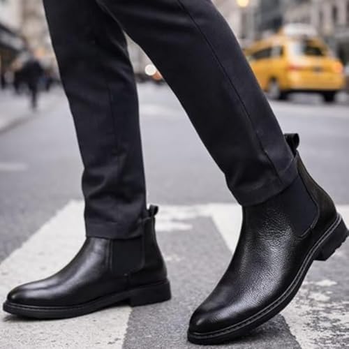 Image of CRACHERS Men's Classic Black Leather Chelsea Boots | Formal & Casual Slip-On Ankle Boots with Elastic Side Panel and Pull Tab | Durable & Stylish Lightweight Boots for Men