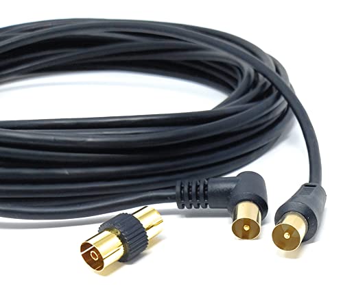 DRUT 10m TV RF Right Angle Male to Male Aerial Antenna Coaxial Cable With Female to Female Coupler Gold Connectors 75 ohm