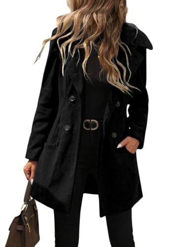 chouyatou Women's Winter Double Breasted Hooded Wool Coat Notch Collar Trench Coat Peacoat (Medium, Black)