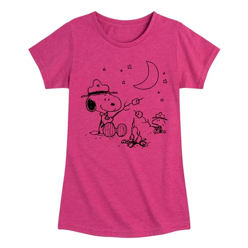 HYBRID APPAREL - Peanuts - Snooping Camping - Toddler and Youth Girls Short Sleeve Graphic T-Shirt - Size Small Heather Fuchsia