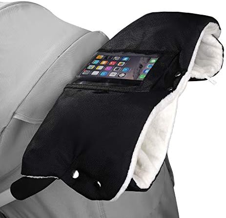 Stroller Hand Muff Windproof Anti-Freeze Pram Gloves Waterproof Baby Pushchair Hand Warmer Cover Thickening Warm Winter Pram Mitten with Mobile Phone Pocket (Black)