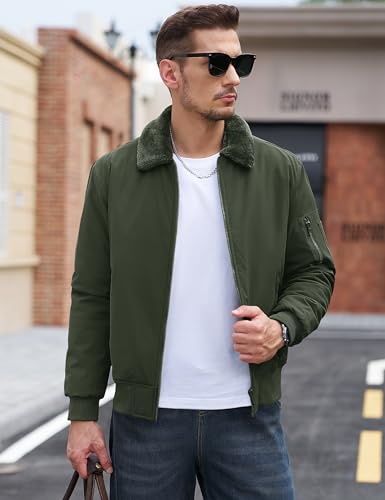 Image of TACVASEN Men's Fleece Jacket Full Zip Up Warm Bomber Jackets for Daily Wear | Winter thick jacket coat for men , fur collared bomber style with 4ple pockets for travel, outdoor walking