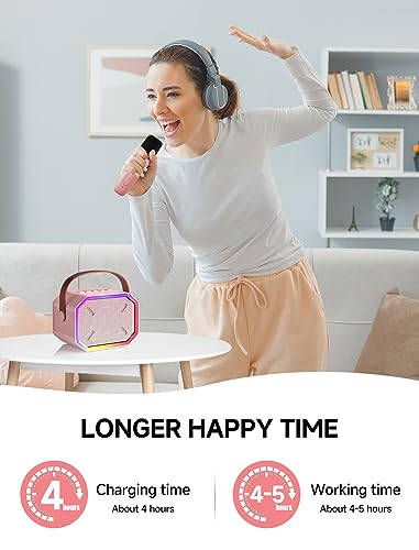 Karaoke Machine for Kids and Adults, Mini Portable Bluetooth Speaker with 2 Wireless Microphones, Kids Gift for Girls Boys Family Party Birthday (Pinkcolor) - Thumbnail 6