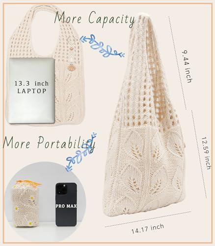 RUNROLE Crochet Tote Bag with Macrame Hat Clip for Travel Women Summer Beach Bag Aesthetic Knit Bag Cute Shoulder Bags2