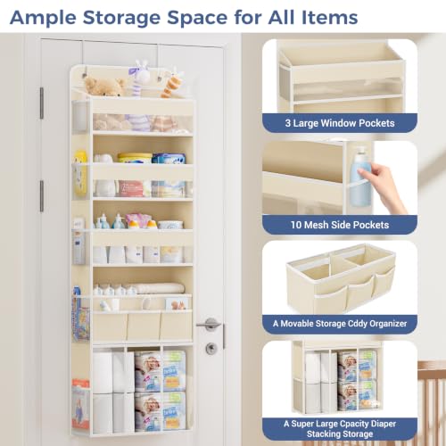 COOLBEBE Over the Door Organizer, 5-Shelf Hanging Storage with 2 Metal Hooks, Heavy Duty Door Organizer with Clear Windows & Movable Caddy for Nursery Bathroom Bedroom Closet, Beige - Image 3