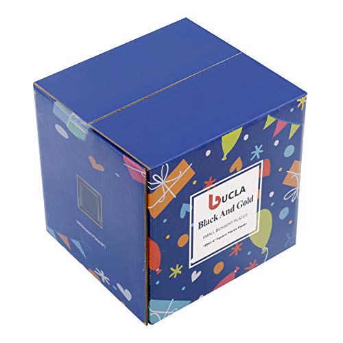 Bucla 100Pcs Black Square Plastic Plates With Gold Rim-6Inch Disposable Cake Plates- Premium Hard Square Small Appetizer Plates For New Year/Wedding/Party #TOP6