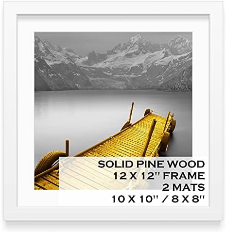 12x12 Picture Frames White Solid Wood Display Pictures 10x10 or 8x8 with Mat or 12x12 without Mat - 12x12 Inch Square Photo Frames with 2 Mats for Wall or Tabletop Mount, 1 Pack