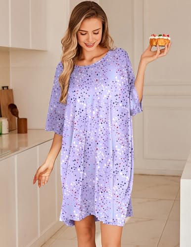 Image of Ekouaer Plus Size Nightgowns for Women Oversized Sleep Shirt Short Sleeve Nightshirt T-Shirt Dress Sleepwear, Purple Heart, Large