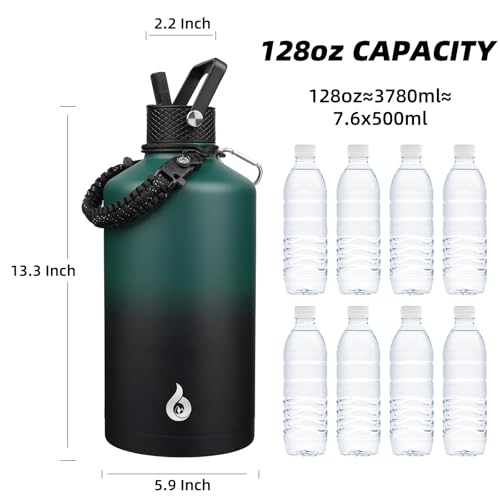 Image of BJPKPK 1 Gallon Water Bottle with Straw Lid, 128oz Large, Stainless Steel Water Bottles with 3 Lids and Paracord Strap, Double Wall Vacuum Metal Water Jug, Army Green & Black