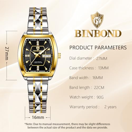 Image of BINBOND Square Watches for Women Analog Quartz Day Date Ladies Wrist Watch Diamond Stylish Stainless Steel Dress Womens Watch Elegant Luminous Waterproof