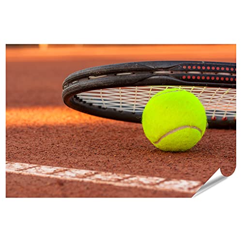 islandburner Póster XXL de pelota de tenis y raqueta en una pista de tenis, imágenes de alta calidad, impresión fotográfica