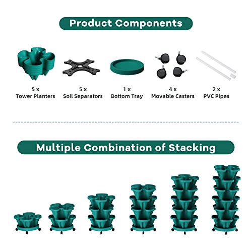 Tectsia Strawberry Vertical Planters Tower Garden, 5 Tiered Stacking Planter With Support Pole, Stackable Herb Vegetable Planters Indoor And Outdoor - Hunter Green #TOP7