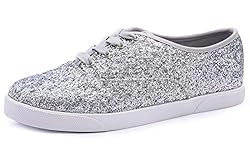 Feversole Women's Casual Trainer Ladies Sneakers Colorful Lace-Up Fashion Trainer Shiny Silver Size 5