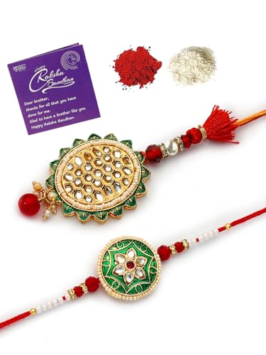 Image of Sukkhi Rakhi Creative Gold Plated with Meenakari Handwork Om Rakshabandhan Lumba Rakhi for Brother Bhaiya Bhabhi with Roli Chawal & Greeting Card|Set of 2