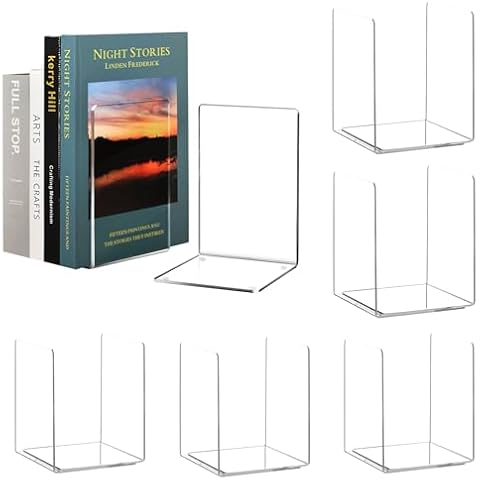 HappyHapi Book Ends, 12 Pcs Book Ends, Acrylic Bookends for Shelves, Clear Book Ends, Non-Skid Decorative Bookend, Study Book Organizer for Home Library Office, 5 x 5 x 7.3 inch Cover