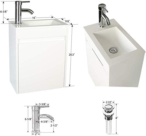U-Eway White Bathroom Vanity With Ceramic Vessel Sink Combo,Wall Mount Bathroom Vanity, 16" L* 9.8" W *20.3" H, Mdf Wood #TOP1