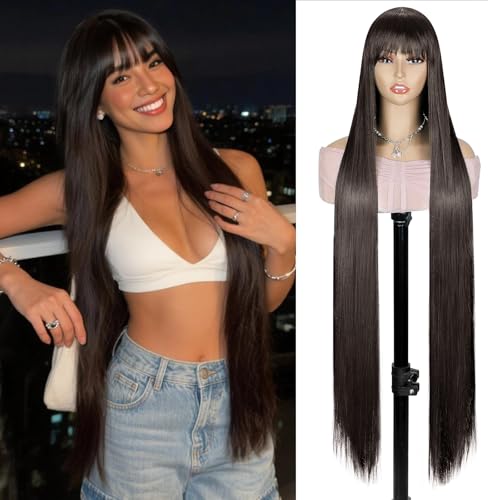 Image of Creamily Long Straight Brown Wig For Women Glueless Synthetic Wig with Bangs 40 Inches,Natural Looking Hair Wig For Woman For Cosplay Daily Wear