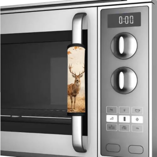 Image of Fridge Door Handle Covers Set of 6 Kitchen Appliance Decor Handles Glove Anti-Slip Protectors Washable Fabric Refrigerator Decor Accessories, Deer Fall Leaf