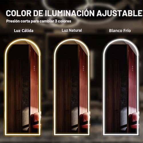 Miniatura 3 de Neuweaby Espejo De Cuerpo Entero Con Luces, Espejo De Pie Arqueado Iluminado De 160 X 50 Cm, Led Montado En La Pared Con Atenuación Y 3 Colores De Iluminación Para Dormitorio, Blanco
