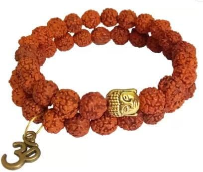 Gold/Brown Wood Brass Buddha Om Rudraksha Bracelet for Unisex