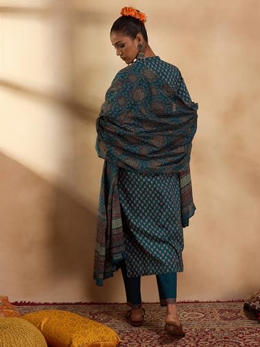 Image of INDO ERA Women's Pure Cotton Printed Straight Kurta & Pant With Dupatta Set