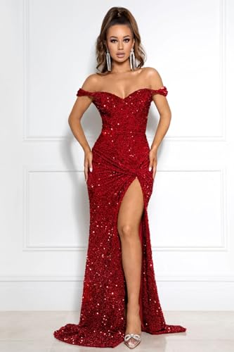 Off Shoulder Mermaid Prom Dress with Slit Sparkly Sequin Long Ball Gown Ruched Tight Formal Evening Party Dresses2