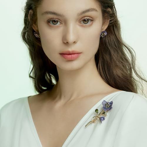 Image of Forget me not Flower Brooch Handmade Gold Thread Embroidered and hand-Drip Enamel leaf, Gradient Botanical Floral Brooch pins for women, SHE'S FREE STYLE JUST FOR YOU [Bencao Gangmu Series]Vintage Plant Jewelry