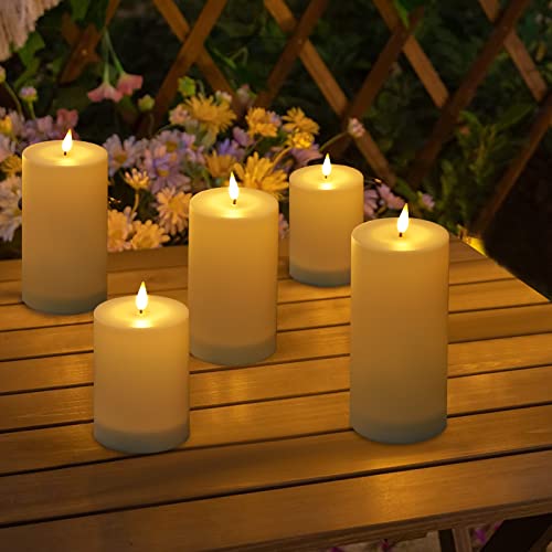 Viodaim Solar Candles Outdoor Waterproof Flameless: Flickering Pillar Led Candles Set Of 3 Dusk To Dawn Rechargeable Sensor Lights 3X4/5/6 Inch White #TOP3