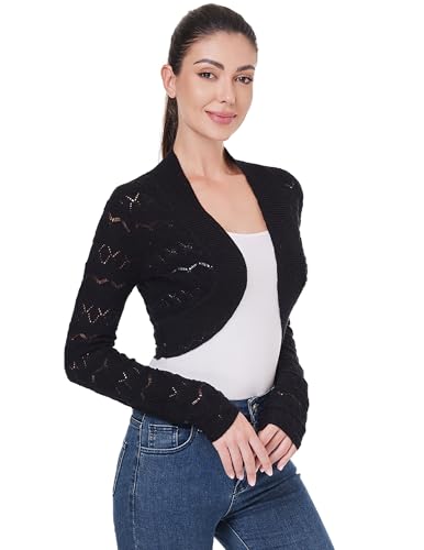 Image of AmelieBoutik Women Long Sleeve Lightweight Cable Knit Hollow Out Cropped Cardigan Open Front Bolero Shrug