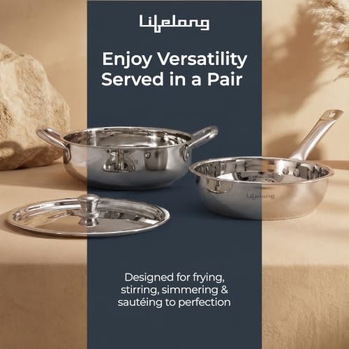 Image of Lifelong Stainless Steel Kadhai (2.5L) & Fry Pan (1.5L) with SS Lid | Induction Bottom, Riveted Handle, Durable Build, Even Heating, Scratch-Free, Dishwasher Safe| Ideal for Frying, Sauteing & Gravies