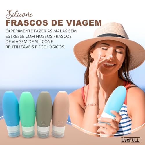 Kit Viagem Frascos Silicone Reutilizáveis - 4 Recipientes Flexíveis Shampoo Condicionador Cremes - D