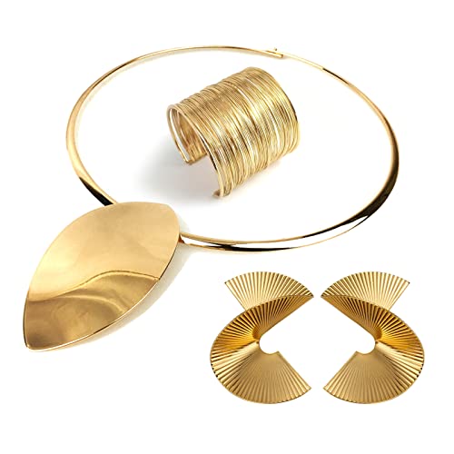 FUNOJOY African Jewelry Sets for Women Gold Bib Choker Collars Cuff Bracelet Geometric Earrings Necklace Set Punk Costume Jewelry for Women and Girls
