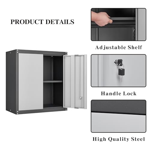 GREATMEET-Lockable-Storage-Cabinet-Metal-Garage-Storage-Cabinets-Metal-Wall-Cabinet-for-Garage-Wall-Mount-Cabinet-with-Lock-and-Adjustable-Shelf-Floating-BlackGrey