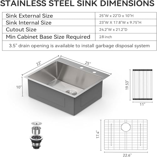 Lordear 25 Drop In Kitchen Sinks 25 x 22 Single Bowl Stainless Steel 16 Gauge Topmount Over Counter Handmade Kitchen Laundry Room Utility Sink Basin by Lordear - Used condition - Image 5