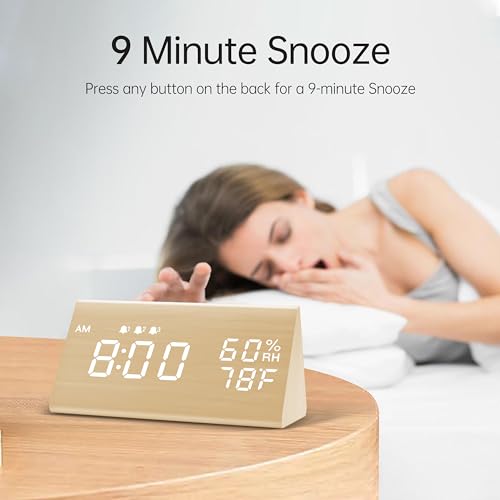 Image of JALL Digital Alarm Clock, with Wooden Electronic LED Time Display, 3 Alarm Settings, Humidity & Temperature Detect, Wood Made Electric Clocks for Bedroom, Bedside (Yellow)