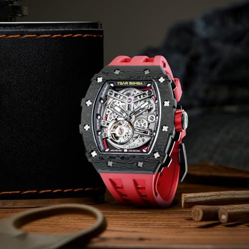 Image of TSAR BOMBA Mens Luxury Watch Automatic Watches for Men 50M Waterproof Japanese Mechanical Movement Tonneau Stainless Steel Case Sapphire Glass Big Face Cool Unique Fashion Gift Men